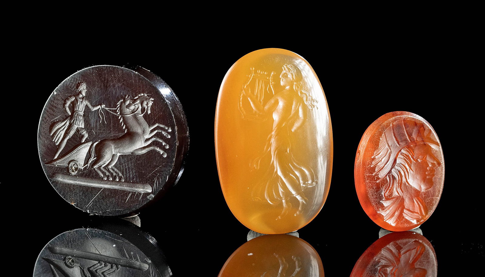 3 Neoclassical Stone Intaglios - Maenad, Mars & Minerva (1 of 2)