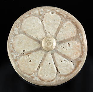 Egyptian New Kingdom Faience Tile Rosette Flower: **Originally Listed At $1000** Ancient Egypt, New Kingdom, 20th Dynasty, ca. 1189 to 1077 BCE. A fine faience tile of a discoid form exhibiting a delicate rosette flower that was perhaps an inlaid orn