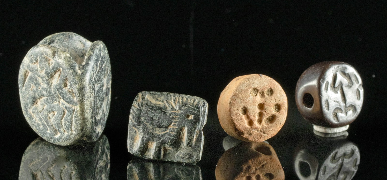 Lot of 4 Mesopotamian Stone Stamp Seals: **Originally Listed At $400** Ancient Near East, Mesopotamia, Jemdet Nasr, ca. 3100 to 2900 BCE; Central Asia, Iran / Afghanistan region, Bactrian culture, ca. 2nd to 1st millennium BCE; Ancient Near 