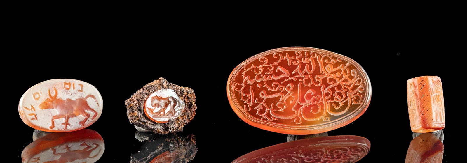 4 Carnelian Intaglios - Achaemenid, Roman & Islamic: **Originally Listed At $600** Ancient Near East / Central Asia, Achaemenid Persian Empire, ca. 550 to 330 BCE; Roman, Imperial period, ca. 1st to 3rd century CE; Near East, Islamic culture, ca. 19th c