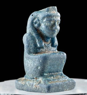 Egyptian Amarna Faience Amulet - Block Figure: Ancient Egypt, New Kingdom, 18th Dynasty, Amarna Period, ca. 1300 BCE. From the height of artistic achievement, this incredible amulet was made of a deep blue faience, possibly trying to replicate