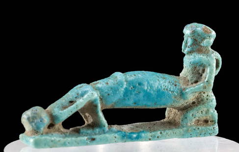 Erotic Egyptian Faience Amulet Ithyphallic Dwarf: Ancient Egypt, Late Dynastic Period, 26th Dynasty, ca. 664 to 525 BCE. One of the most unusual, amusing and quite naughty amulets I have had the pleasure of "handling" - ever! Faience, with