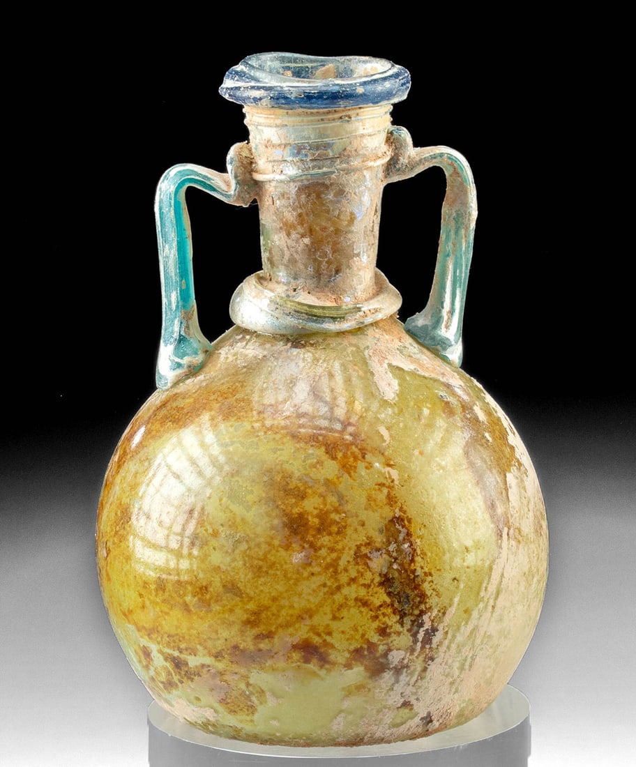 Roman Glass Globular Flask Applied Teal Handles, Rim (1 of 4)