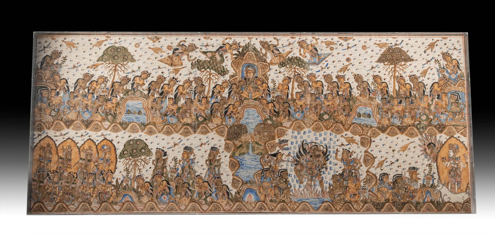 Massive Balinese Kamasan Tapestry Temptation of Arjuna: **This item is heavy/oversized and will require 3rd party shipping. Please inquire about shipping cost prior to bidding.** Southeast Asia, Indonesia, Bali, ca. mid to late 20th century CE. A massive K