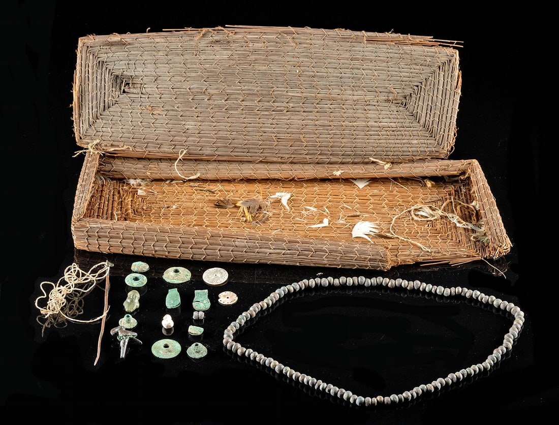 Chancay Reed Box w/ Copper & Silver Necklace + Beads (1 of 2)