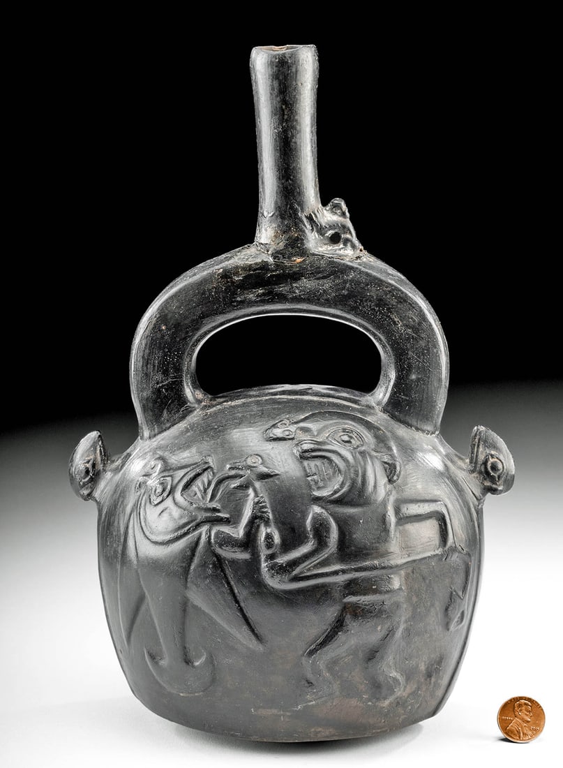 Chimu Blackware Spouted Vessel - Human w/ Fish (1 of 5)