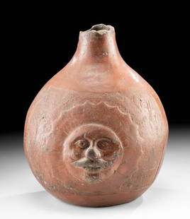 18th C. Spanish Colonial Redware Jar w/ Sun and Flags: Latin America, Spanish Colonial period, Mexico, ca. 18th to 19th century CE. A remarkable pottery jug featuring a bulbous body adorned with relief imagery of a mustached sun face on one side and a coa