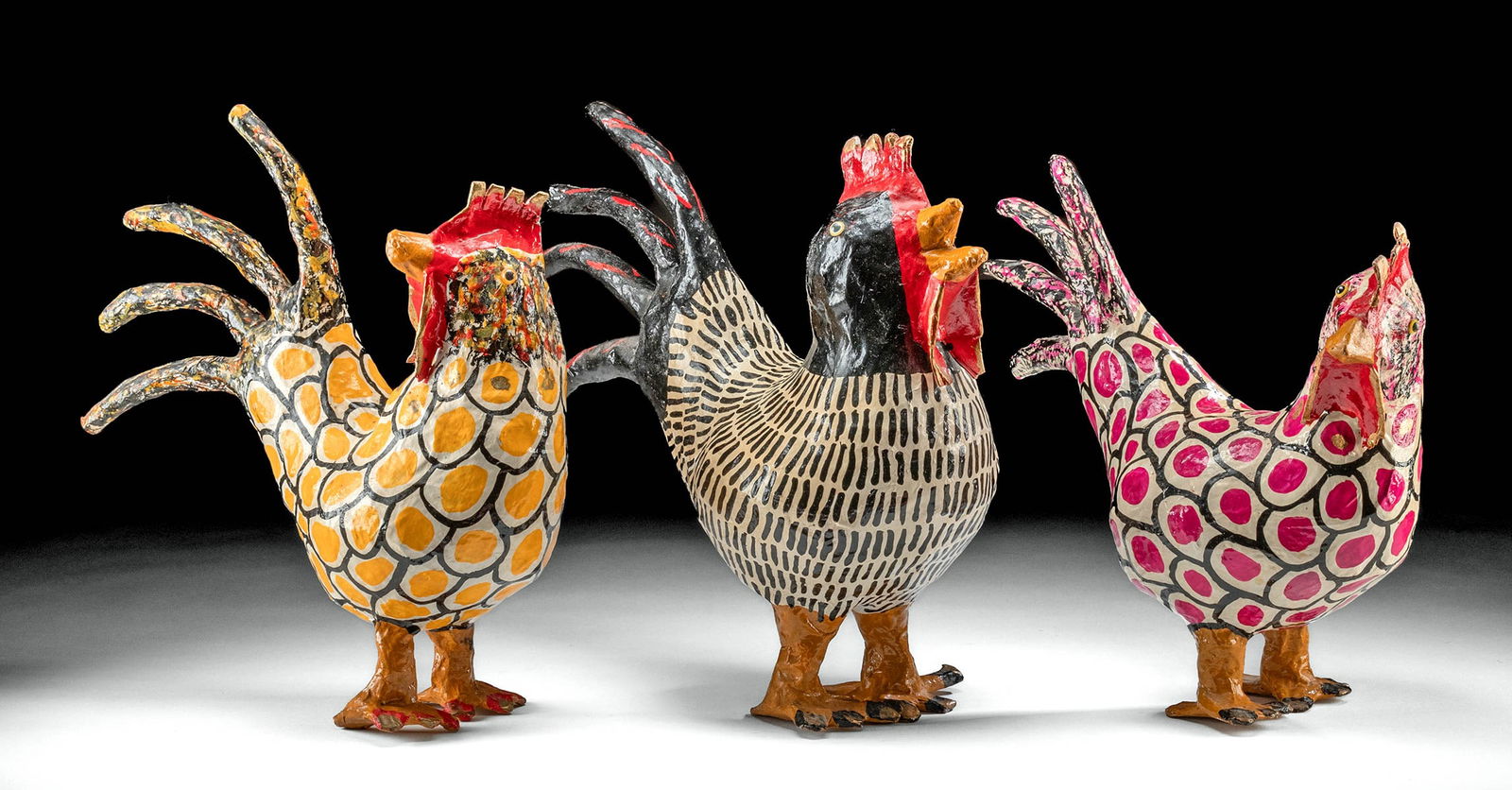 Mexican Papier-Mache Roosters by Rosa Hernandez Peru: Rosa Hernandez Peru (Mexican, mid. 20th century - present) ca. 1990s to 2000s CE. A flock of three papier-mache roosters, brightly painted with plastic button eyes! During her employment as a maid in