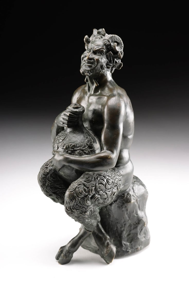 European Neoclassical Brass Satyr Oil Lamp, a la Riccio: Western Europe, Italy or France, Neoclassical period, ca. 19th century CE. An enticing brass satyr lamp in the manner of Italian Renaissance artist Andrea Briosco called Riccio (Padua, 1470-1532), dep