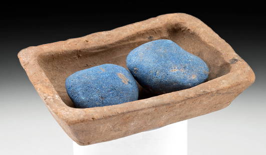 Published / Exhibited Egyptian Raw Frit Balls + Dish: Ancient Egypt, New Kingdom to Late Dynastic Period, 18th to 31st Dynasty, ca. 1550 to 332 BCE. An incredibly rare set of raw frit balls used to create a myriad of different amulets, offerings, and