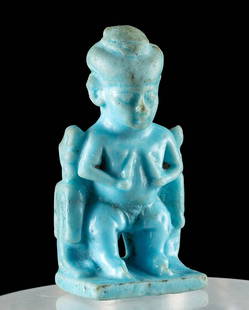 Rare Egyptian Faience Cippus Amulet w/ Pataikos: Ancient Egypt, Late Dynastic Period, 26th to 31st Dynasty, ca. 664 to 332 BCE. A rare example of a cippus amulet featuring the nude dwarf god Pataikos. The bandy-legged deity presents with a pair of