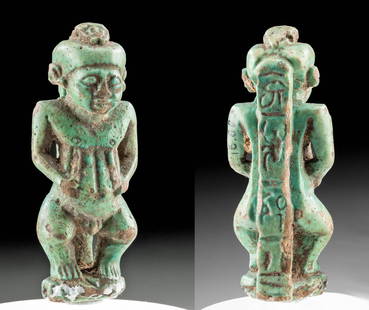 Egyptian Faience Pataikos Amulet, ex-Drexel 1895: Egypt, Third Intermediate Period to early Late Period, dynasties 21 through 26, ca. 1070 to 525 BCE. Rare and quite fascinating faience amulet of Ptaikos/ Pataikos, the bow-legged dwarf deity meant