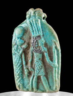 Published Egyptian Faience Plaque - Onuris & Lioness: Ancient Egypt, Third Intermediate to Ptolemaic Period, ca. 1070 to 30 BCE. An incredibly rare, mold-formed faience plaque depicting not 1 but 2 Egyptian deities associated with war - the striding male