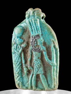 Published Egyptian Faience Plaque - Onuris & Lioness: Ancient Egypt, Third Intermediate to Ptolemaic Period, ca. 1070 to 30 BCE. An incredibly rare, mold-formed faience plaque depicting not 1 but 2 Egyptian deities associated with war - the striding