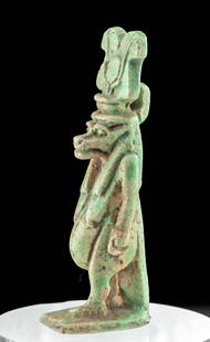 Published Egyptian Faience Amulet Taweret, ex-Drexel: Ancient Egypt, Third Intermediate Period, 21st to 25th Dynast, 1070 to 664 BCE. A faience figure of Taweret (also Taweret, Tauret, Apet, Opet), the goddess of child birthing and suckling as well as a