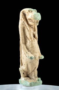 Exhibited Egyptian Faience Taweret Amulet: Ancient Egypt, Late Dynastic Period, 26th to 31st Dynasty, ca. 664 to 332 BCE. A stunningly detailed, mold-formed faience figure of Tawaret (also Taweret, Tauret, Apet, Opet), the goddess of child