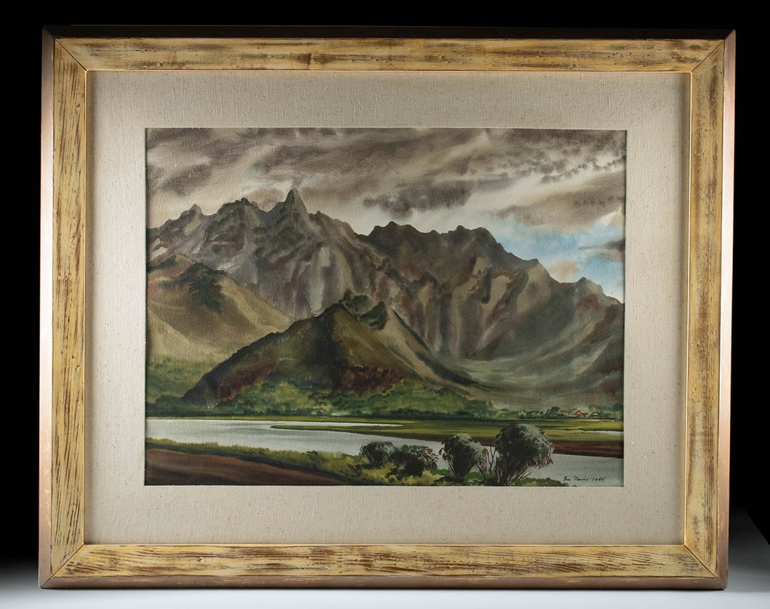 1944 Ben Norris Watercolor - Mauna Loa Mountains: Ben Norris (American, 1910-2006). "Mauna Loa Mountains" watercolor, 1944. Signed and dated at lower right. A beautiful watercolor painting of the Mauna Loa Mountains by Ben Norris that exemplifies the