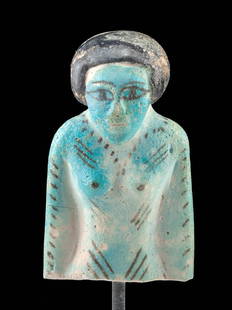 Egyptian Middle Kingdom Faience Nude Concubine: Ancient Egypt, Middle Kingdom, 11th to 13th Dynasty, ca. 2130 to 1650 BCE. A rare and exceptionally old example of a hand-built faience female figure, nude and covered in turquoise-hued glaze, with