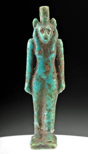 Exhibited Egyptian Faience Amulet Goddess Sekhmet: Ancient Egypt, Third Intermediate to Late Dynastic Period, 21st to 31st Dynasty, ca. 1070 to 332 BCE. A mold-formed and turquoise-glazed faience amulet of Sekhmet (occasionally Sakhmet, literally