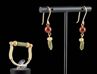 Romano-Egyptian Glass Bead Jewelry (Ring + Earrings): Ancient Egypt, Late Dynastic to Romano-Egyptian period, ca. 664 BCE to 300 CE; Roman, Imperial Period, ca. 1st to 3rd century CE. A wearable pair of earrings and a ring made from ancient glass and