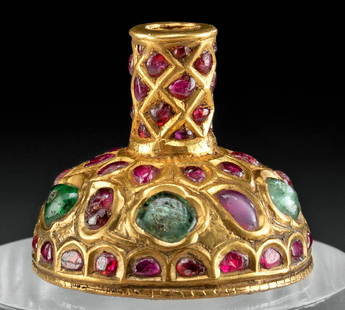 Indian Mughal Gold Hair Ornament w/ Rubies, Emeralds: South Asia, Northwestern India, Mughal Empire, ca. 19th century CE. A stunning bell-shaped hair ornament made of high-quality gold that is filled with lac resin and inlaid with polki cut green emerald