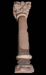 18th C. Indian Mughal Sandstone Engaged Column w/ Lions: South Asia, India, Mughal Empire, ca. 18th to 19th century CE. A monumental and marvelous engaged column, hand-carved from sandstone in 4 parts, including a flared base, a tiered pedestal, a smooth sh