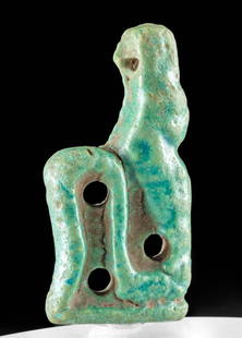 Rare Egyptian Faience Amulet Meretseger (Cobra God): Ancient Egypt, Third Intermediate to Late Dynastic Period, 21st to 31st Dynasty, ca. 1070 to 332 BCE. An incredibly rare faience amulet depicting Meretseger (also Mertseger or Merseger), a cobra god