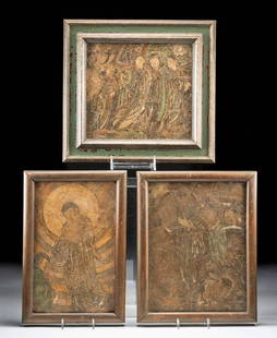 Chinese Ming Dynasty Painted Fresco Panels: East Asia, China, Ming Dynasty, ca. 1368 to 1644 CE. An impressive trio of stucco paintings or fresco fragments, each of rectangular form and depicting figures draped in long, heavily striated robes t