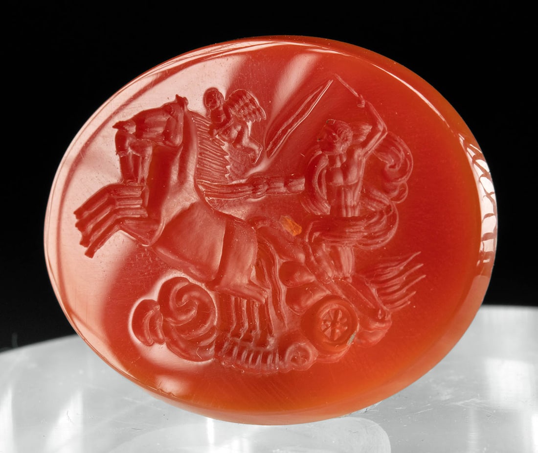 19th C. Neoclassical Carnelian Intaglio Chariot & Cupid: **Originally Listed At $400** Western Europe, Neoclassical period, ca. 19th century CE. A splendid and quite sizable carnelian intaglio deeply carved with the image of a man driving a 2-horse chariot 