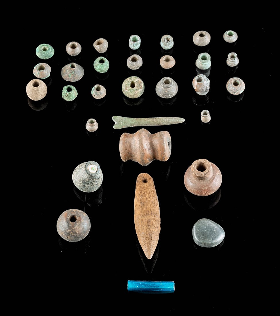 Peruvian Artifact Assortment - Beads, Blood-Letter: **Originally Listed At $400** Pre-Columbian, Peru, ca. 100 CE to 1500 CE. A gathering of copper beads, larger pottery beads, stone pendants including a blood-letting tool called a perforator, and a wo