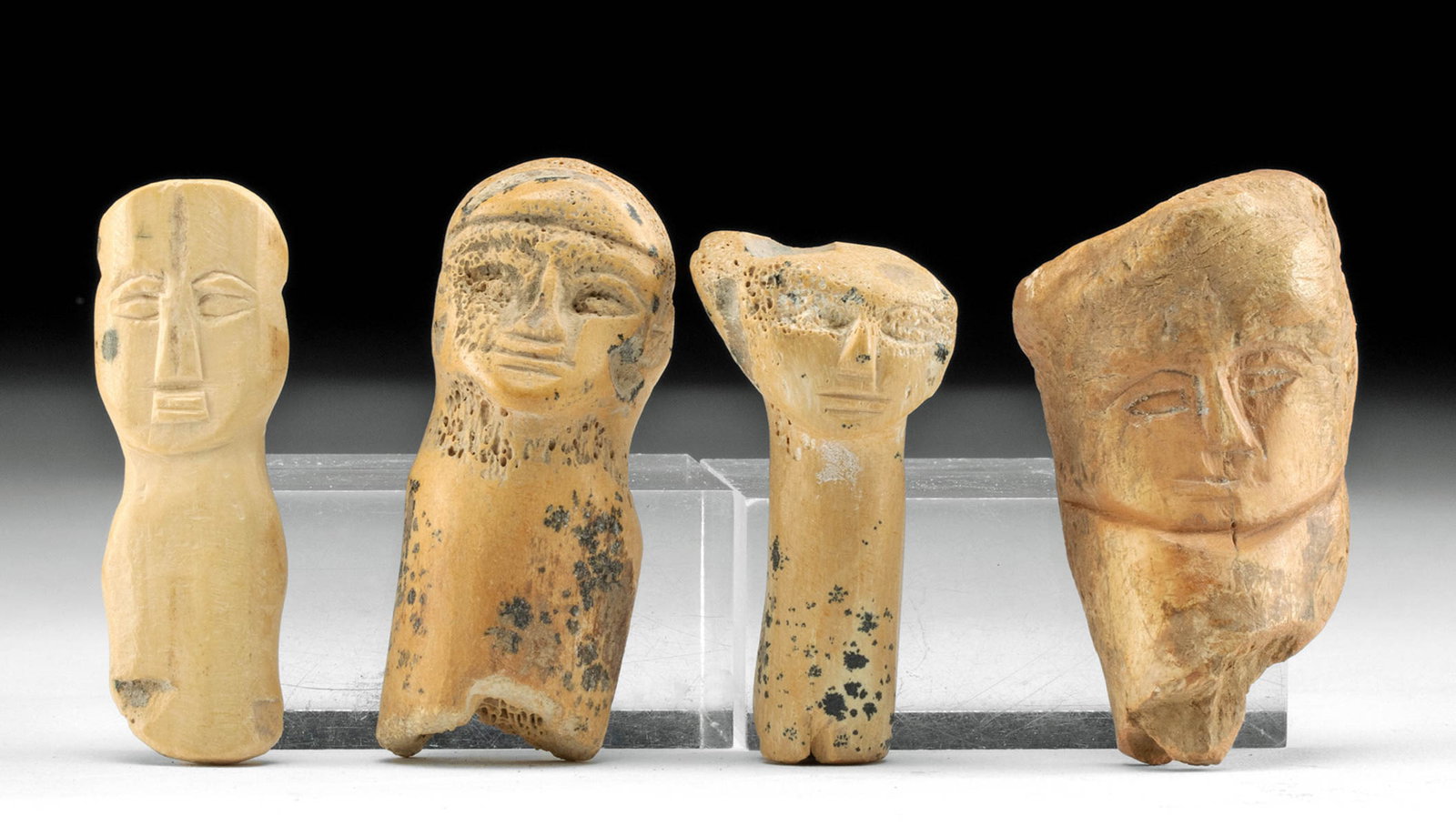Colombian Tairona Bone Figural Carvings (4): **Originally Listed At $600** Pre-Columbian, Colombia, Tairona, ca. 10th to 16th century CE. A collection of hand carved bone figural finials or amulets- perhaps made from ungulate, or even human bone