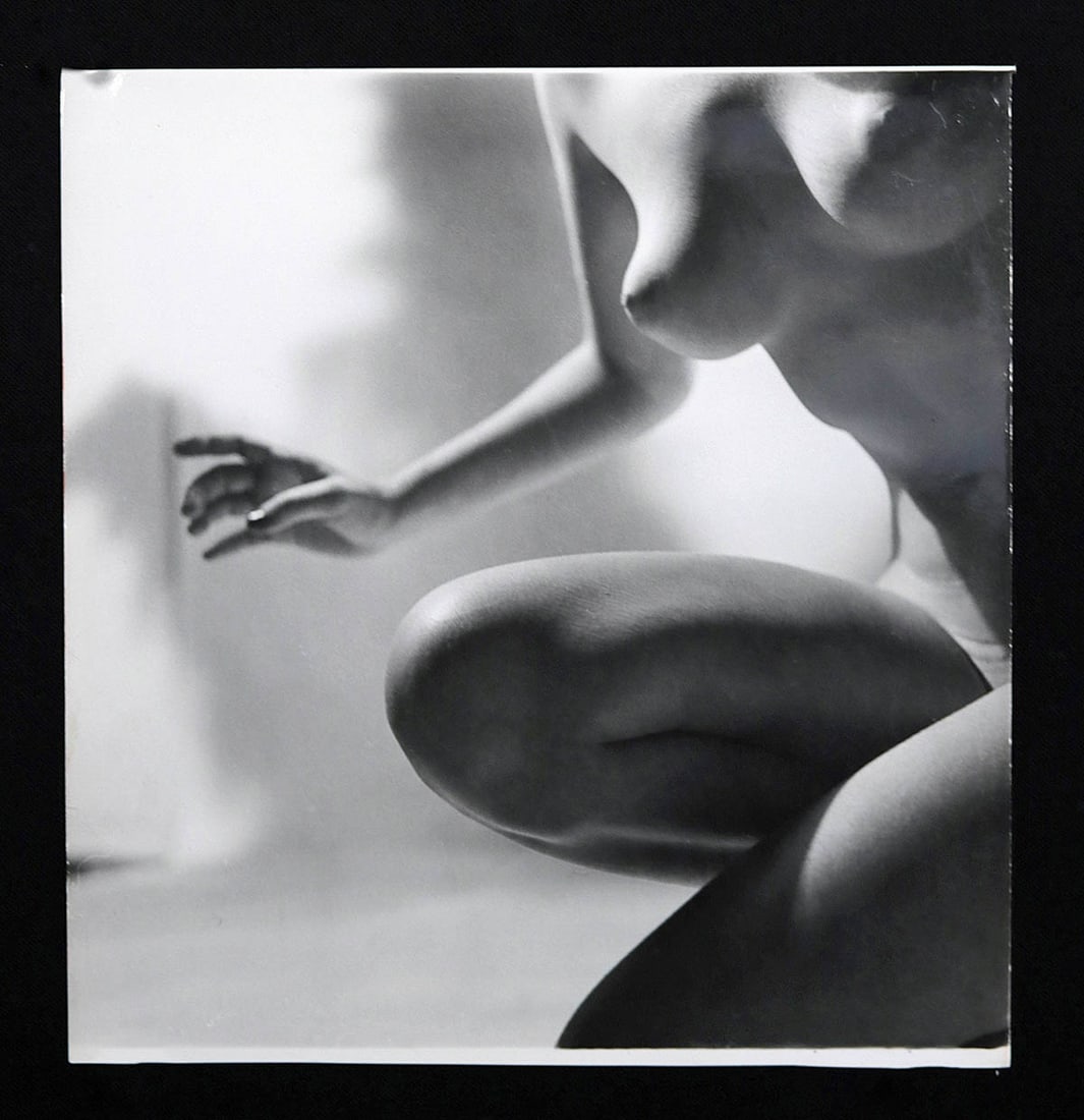 Peter Basch Photograph of Nude Female, 1950s: **Originally Listed At $300** Peter Basch (German-born American, 1921-2004), abstract nude, gelatin silver print, ca. 1950s to 1960s. Signed in pencil on verso. Basch's red studio stamp on verso as we