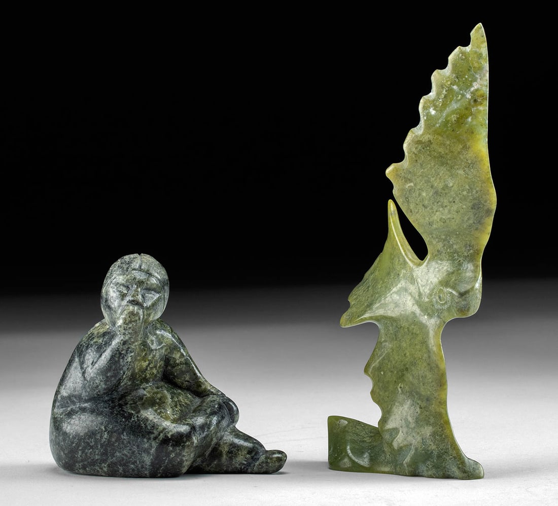 Inuit Soapstone Carvings - Seated Girl + Soaring Bird (1 of 6)