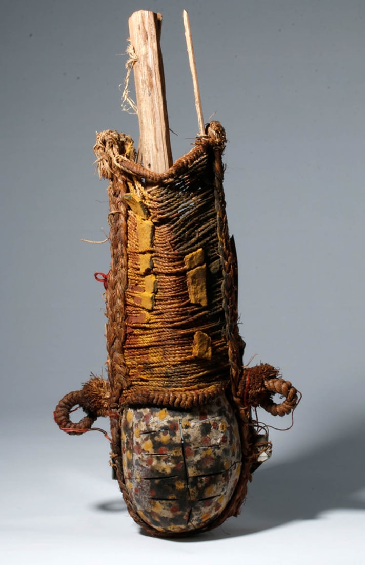 19th C. African Igbo Initiation Mask, Calabash & Leaves (1 of 6)