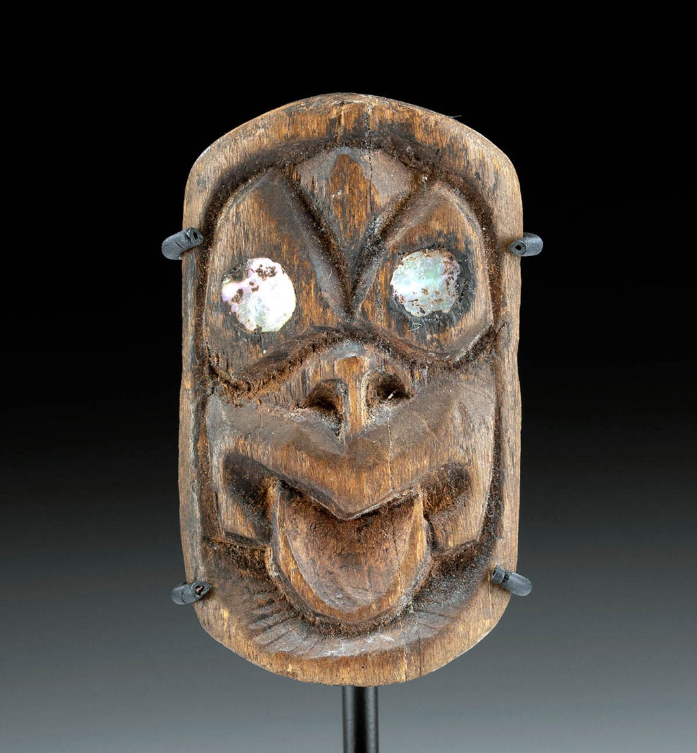 19th C. Maori Tekoteko (Protective Gable Figure Tiki): **Originally Listed At $750** Oceania, New Zealand, Maori, ca. 19th century CE. This is a beautiful miniature carving of a protective gable figure tiki known as a Tekoteko, inlaid with abalone shells 