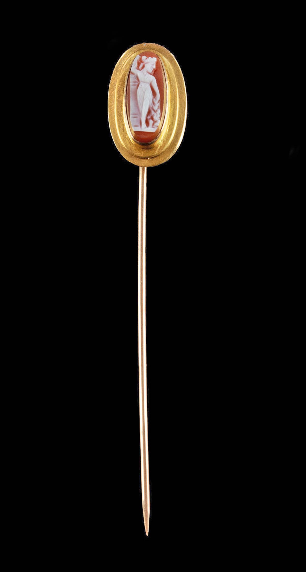 Neoclassical European Gold Tie Pin w/ Carnelian Cameo: **Originally Listed At $500** Western Europe, probably England or France, Neoclassical Period, ca. 19th century CE. A beautiful tie pin with a slender, pointed body that emanates from the verso of an 