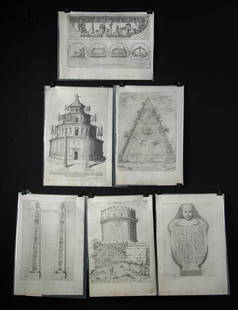 7 Renaissance Engravings - Speculum Romanae & Panvinio: Etienne DuPerac (French, 1525-1604). 5 engravings - 4 from "Speculum Romanae Magnificentiae" (The Mirror of Roman Magnificence) by Antonio Lafreri (Burgundian, 1512-1577). Published between 1545-1590.