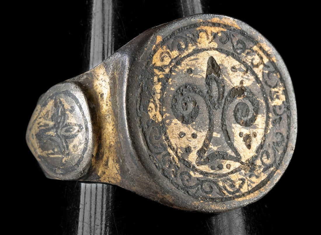 12th C. French Medieval Gilt Silver Ring, Fleur de Lis (1 of 3)