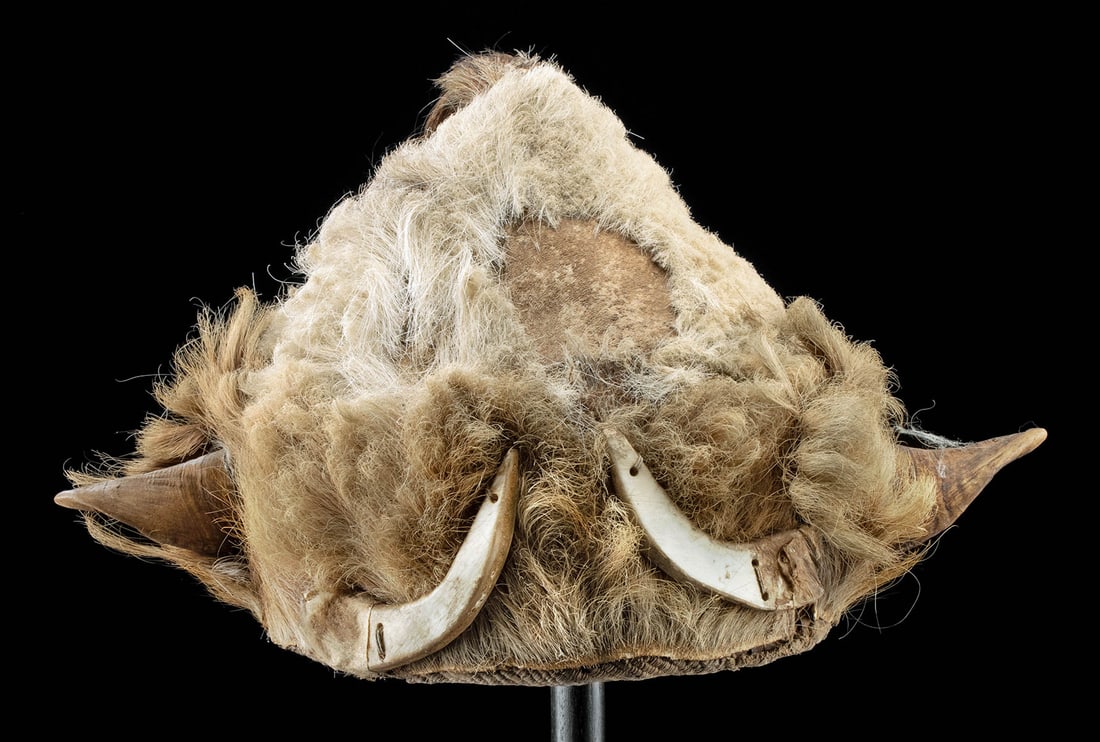 Early / Rare Burmese Naga Warrior Helmet: South Asia, Northeastern India to Burma, Naga Konyak culture, ca. late 19th to early 20th century CE. A rare example of an early handmade warrior helmet comprised of a rattan conical frame with cotton