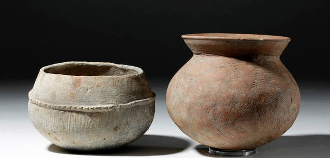 Lot of 2 Ancient Thai Ban Chiang Pottery Vessels: **Originally Listed At $125** Southeast Asia, Thailand, Ban Chiang, ca. 300 BCE. A pair of pottery jars with textured surfaces that seem to have been formed by rolling stamps over unfired clay. The la