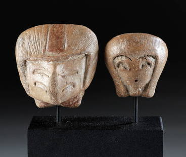 Valdivian Pottery Female Idol Heads: **Originally Listed At $300** Pre-Columbian, Ecuador, Valdivian culture, ca. 2000 to 1500 BCE. A pair of pottery heads that are fragments from larger figures, with impressed eyes, brows, and mouths, a