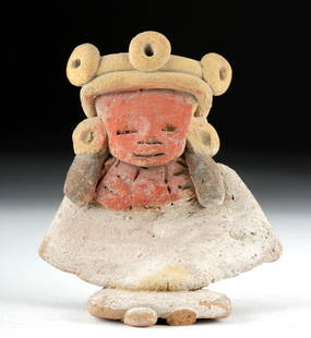 Delightful Teotihuacan Polychrome Seated Figure: **Originally Listed At $250** Pre-Columbian, Valley of Mexico, Teotihuacan culture, ca. 3rd to 7th century CE. A hand-built seated pottery figure with flat legs, a wide shawl, and elaborate finery. Th