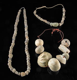 3 Pre-Columbian Bead Necklaces (Stone & Pottery): Pre-Columbian, Southern Mexico, Guerrero region, Mezcala culture, ca. 600 to 100 BCE; Ecuador, Manteno culture, ca. 800 to 1500 CE. A set of 3 necklaces formed with a variety of different beads. One