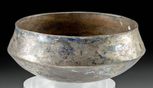 Pre-Columbian Ica Silver Bowl - 98.5 Grams!: Pre-Columbian, south coast Peru, Ica culture, ca. 800 to 1200 CE. An elegant, hammered silver bowl featuring a round yet stable base, a broad, carinated hip, a sloped shoulder, and a slightly flared