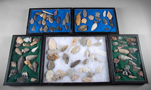 5 Trays of Native American Archaic Stone Arrowheads: Native American, North America, Archaic Period, ca. 5000 BCE to 1000 BCE. A set of 122 hand-knapped stone arrowheads displayed within 5 rectangular display boxes. Each is of utilitarian form, and