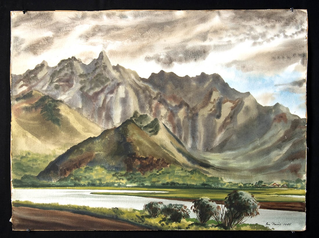1944 Ben Norris Watercolor - Mauna Loa Mountains: Ben Norris (American, 1910-2006). "Mauna Loa Mountains" watercolor, 1944. Signed and dated at lower right. A beautiful watercolor painting of the Mauna Loa Mountains by Ben Norris that exemplifies the