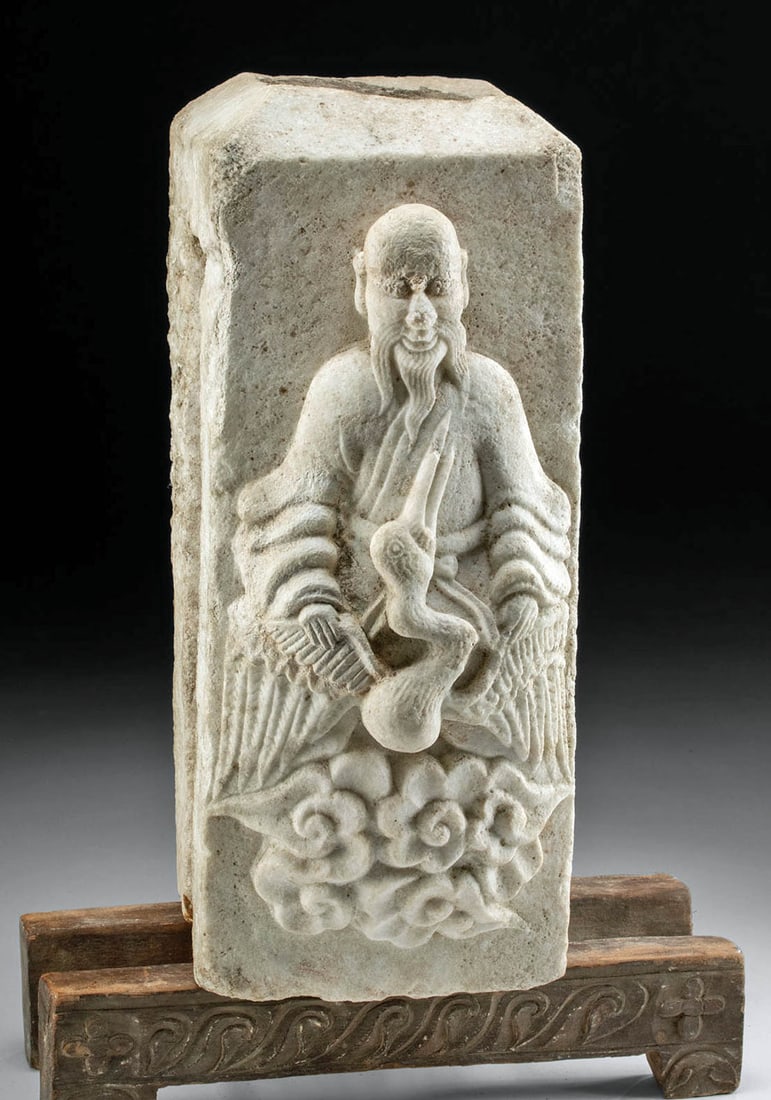 Chinese Ming Marble Pillar w/ Immortal Riding Crane (1 of 4)