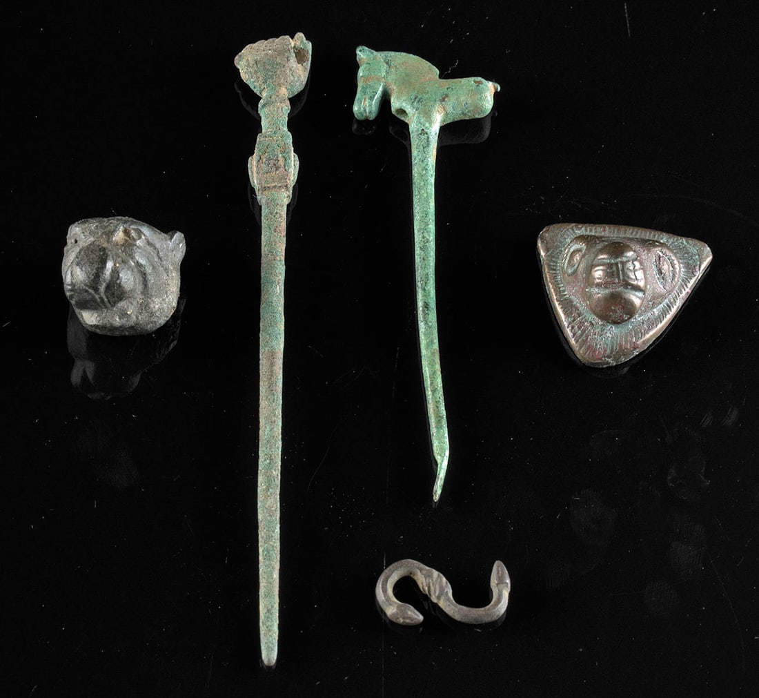 1st C. Roman Bronzes - 2 Pins, 2 Lion Heads + S Hook (1 of 2)