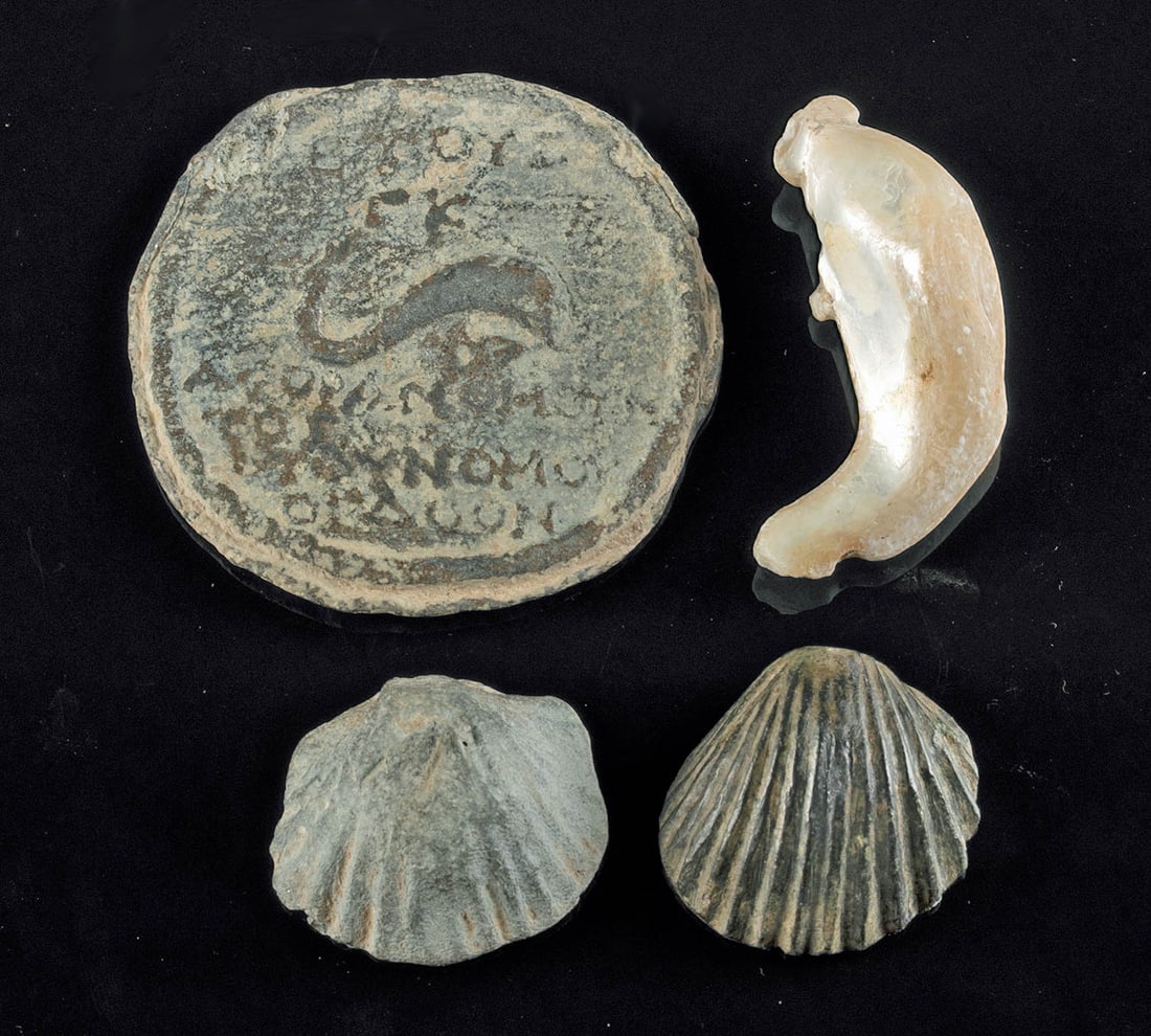 4 Roman Lead, Bronze & Shell Seal, Weights, & Pendant: **Originally Listed At $400** Roman, Imperial to Byzantine Period, ca. 1st to 5th century CE. A fine collection of Roman, marine-themed artifacts: a lead seal featuring a dolphin surrounded by an anci