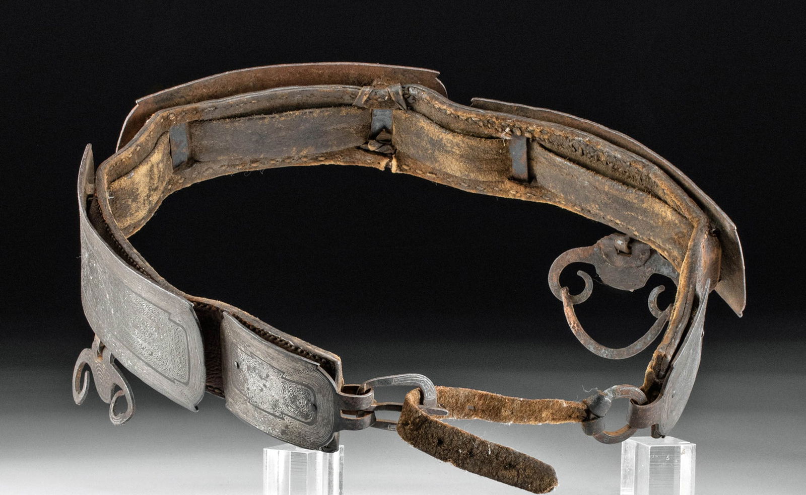 18th C. Tibetan Leather Belt Silvered Steel Panels: **Originally Listed At $850** Central Asia, Tibet, ca. late 18th to early 19th century CE. A broad belt of tanned leather adorned with wide, curving steel plates. Each panel is embellished with silver